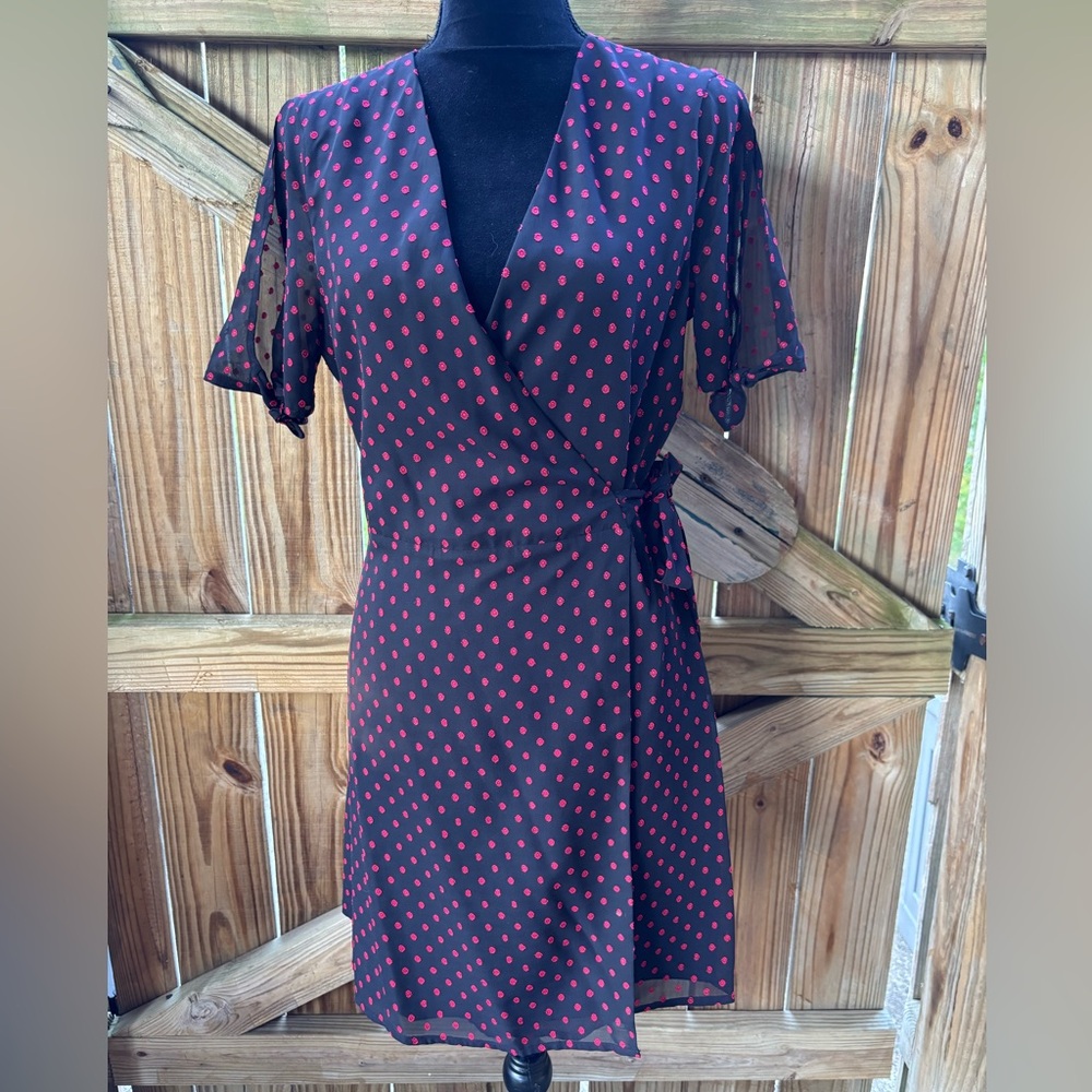 BCBGeneration Pin Up Style Black Wrap Dress with Red Dots & Split Sleeves Size M